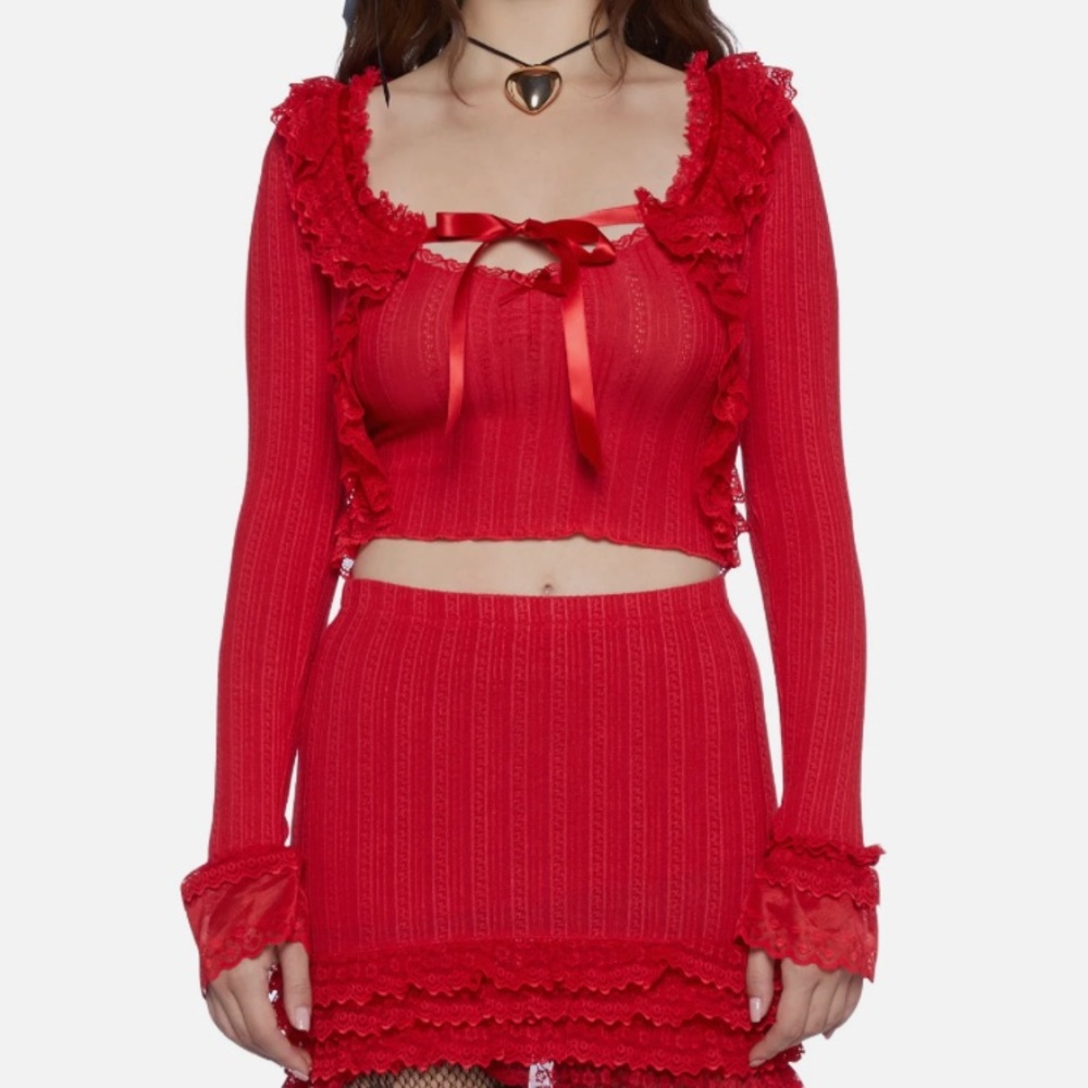 Y2K Cardigan Sweater Set Red Lace tank top fairy cottage 90’s coquette bow vamp
